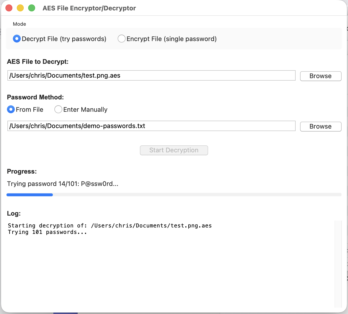 AES Cypher testing passwords in progress